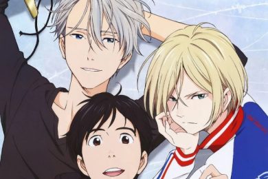 Yuri!!! on Ice três personagens principais da série deitados e olhando pro espectador, o Viktor e o Yuri Katsuki sorrindo enquanto o Yuri Plisetsky está emburrado