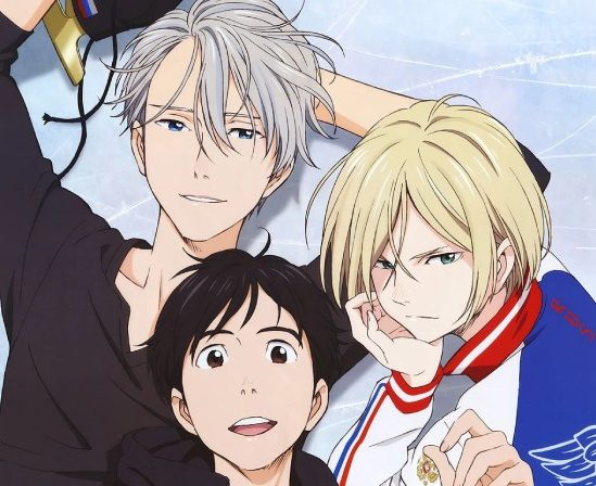 Yuri!!! on Ice três personagens principais da série deitados e olhando pro espectador, o Viktor e o Yuri Katsuki sorrindo enquanto o Yuri Plisetsky está emburrado