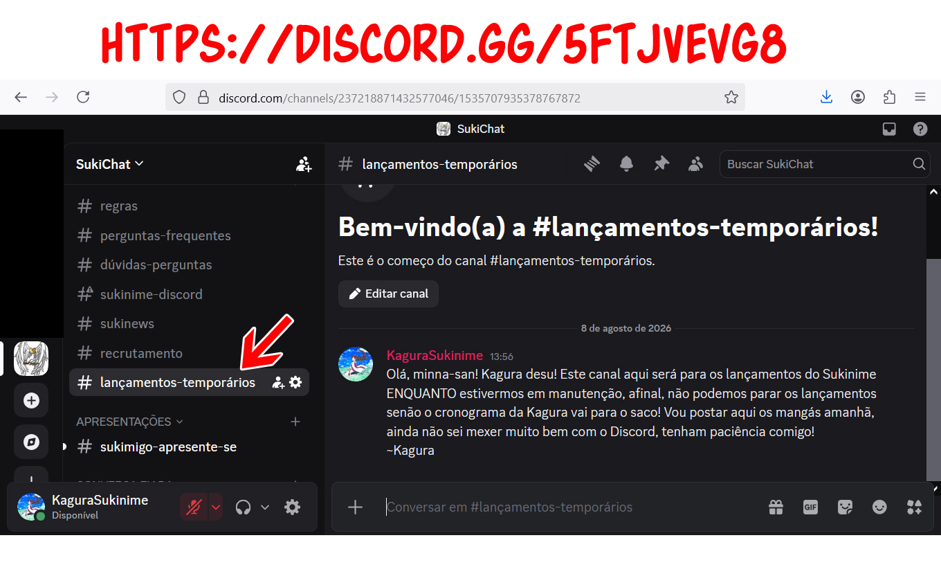 Canal de lançamentos temporários do Sukinime no Discord